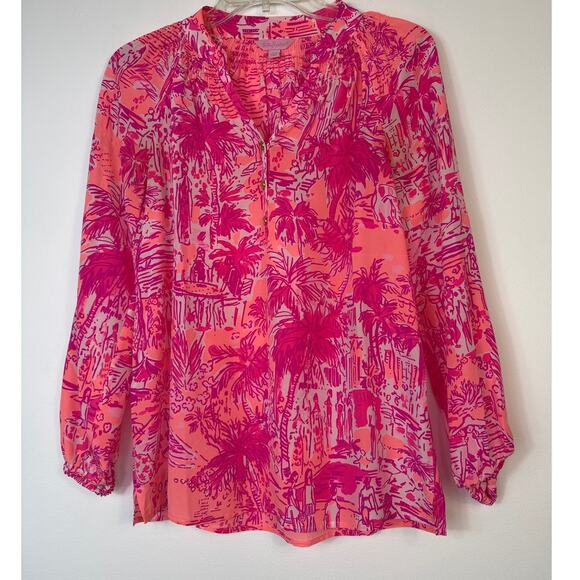 Lilly Pulitzer Elsa Silk Top Rule Breakers Print V Neck Long Sleeve XXS Resort - Picture 10 of 10
